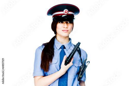 Obraz na plátně young and beautiful woman in police uniform