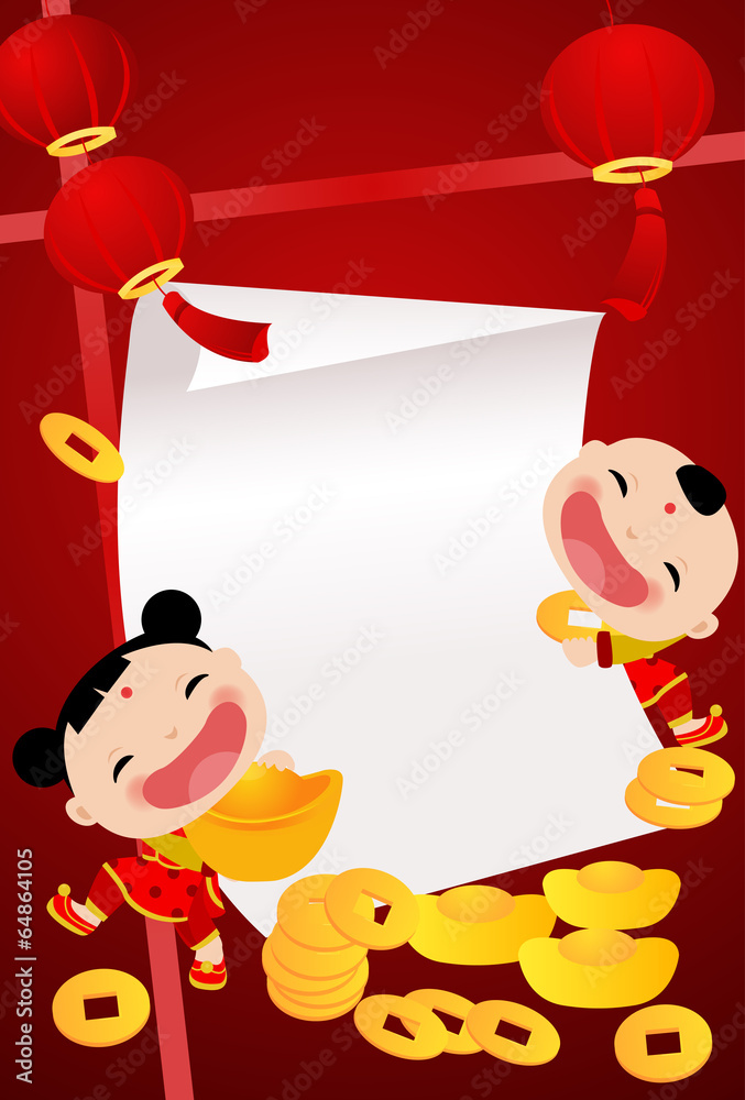 Fototapeta premium Chinese new year fortune girl and boy vector