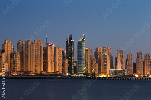 Dubai Marina at dusk as viewed from Palm Jumeirah in Dubai  UAE