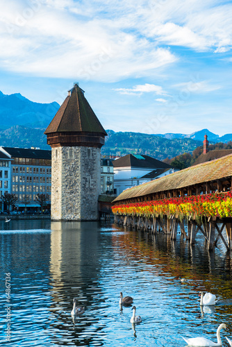 wooden Chapel bridge and old town of Lucerne, Switzerland