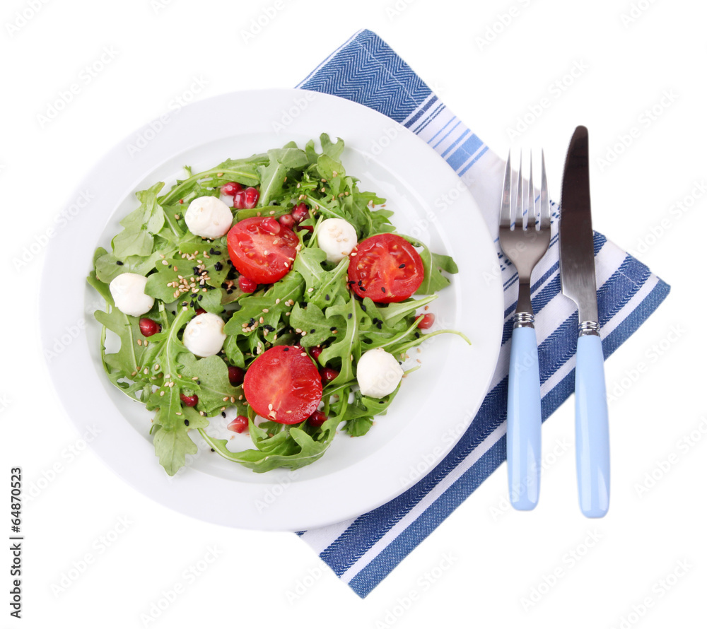 Green salad made with arugula, tomatoes, cheese mozzarella Green salad made with arugula, tomatoes, cheese mozzarella