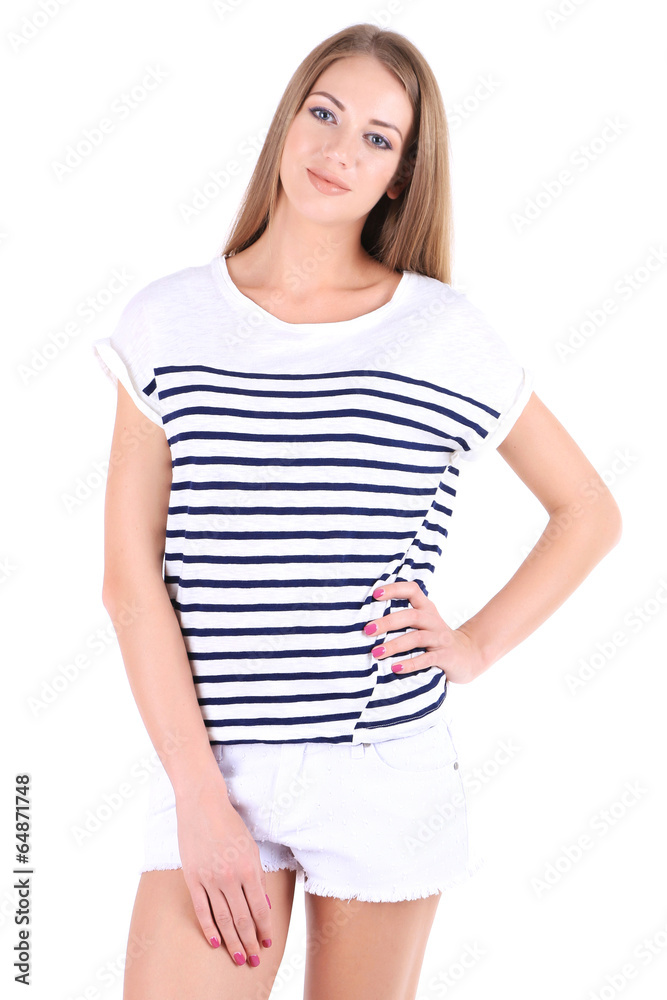 Obraz premium Beautiful young girl shorts and t-shirt isolated on white