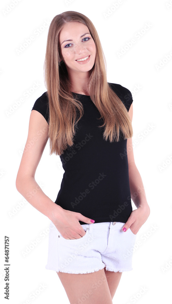 Beautiful young girl in shorts and t-shirt isolated on white Beautiful young girl in shorts and t-shirt isolated on white