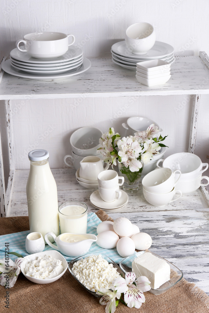 Still life with tasty dairy products on table