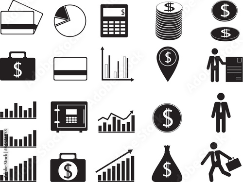 Business and money icons illustrated on white