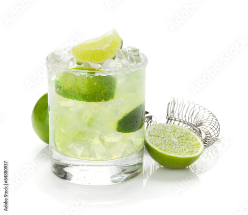 Classic margarita cocktail with lime and salty rim photo