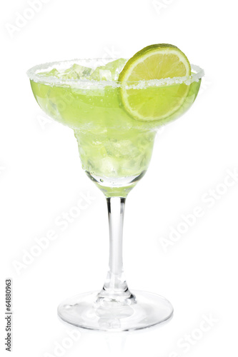 Classic margarita cocktail with lime slice and salty rim