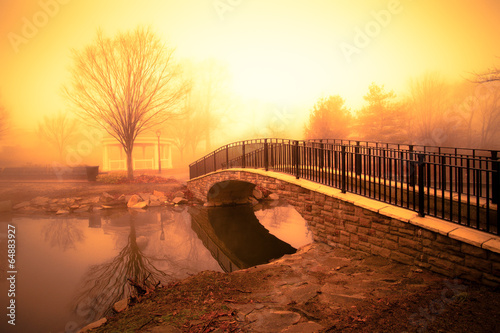 Fotografia, Obraz morning light and fog over pond with footbridge