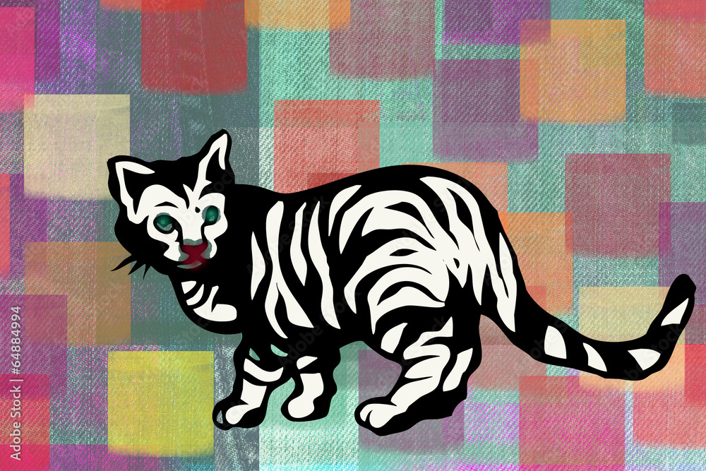 chat tigré sur fond arc-en-ciel