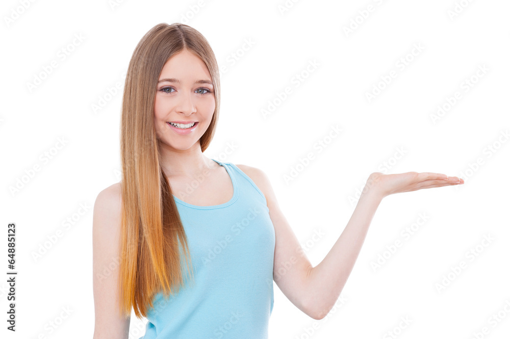 Copy space on her hand. Copy space on her hand.