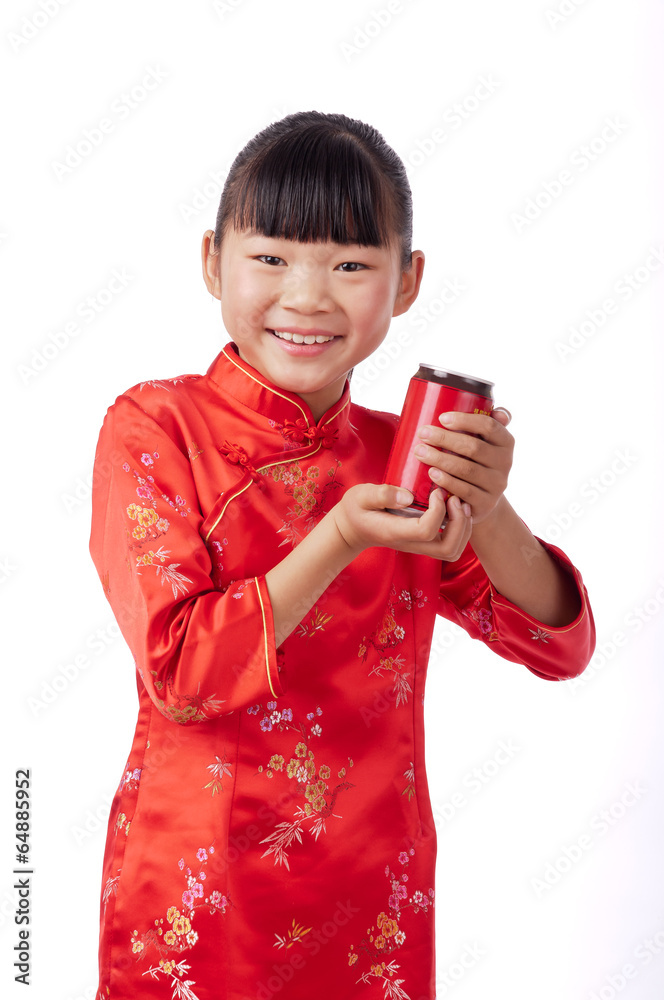 Holding drink chinese girl in traditional Chinese cheongsam Holding drink chinese girl in traditional Chinese cheongsam