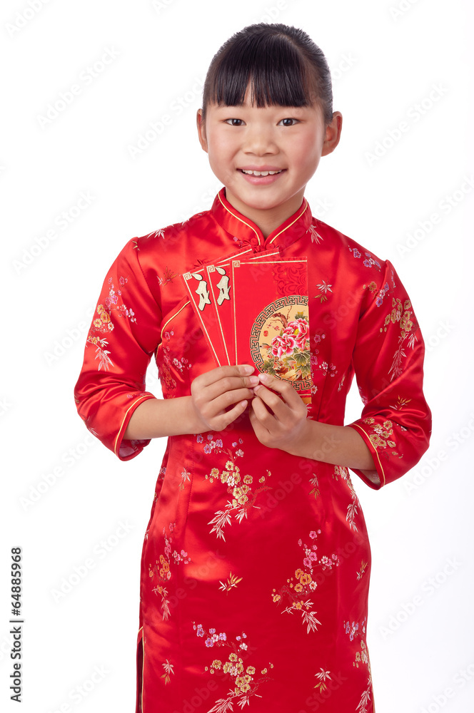 Holding red envelope chinese girl in traditional cheongsam Holding red envelope chinese girl in traditional cheongsam