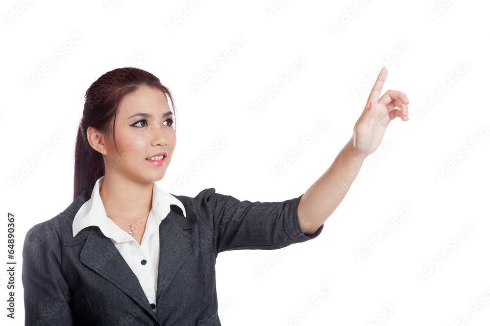 Asian business woman touching the screen with her finger Asian business woman touching the screen with her finger