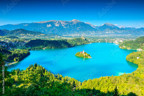 Famous Bled Lake,church and castle,Slovenia,Europe photo