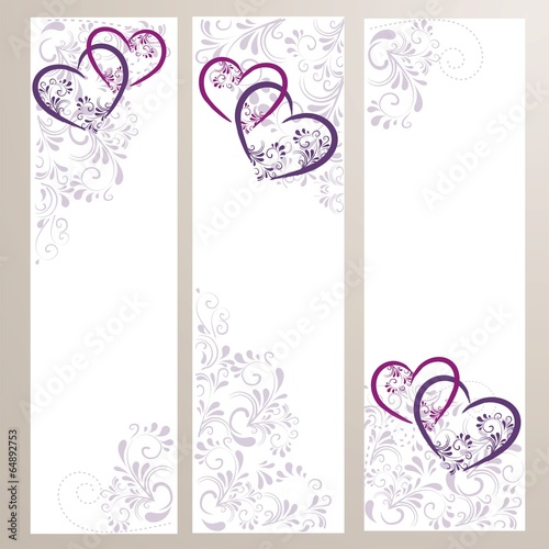 3 Banner mit Ornamenten und lila Herzen
