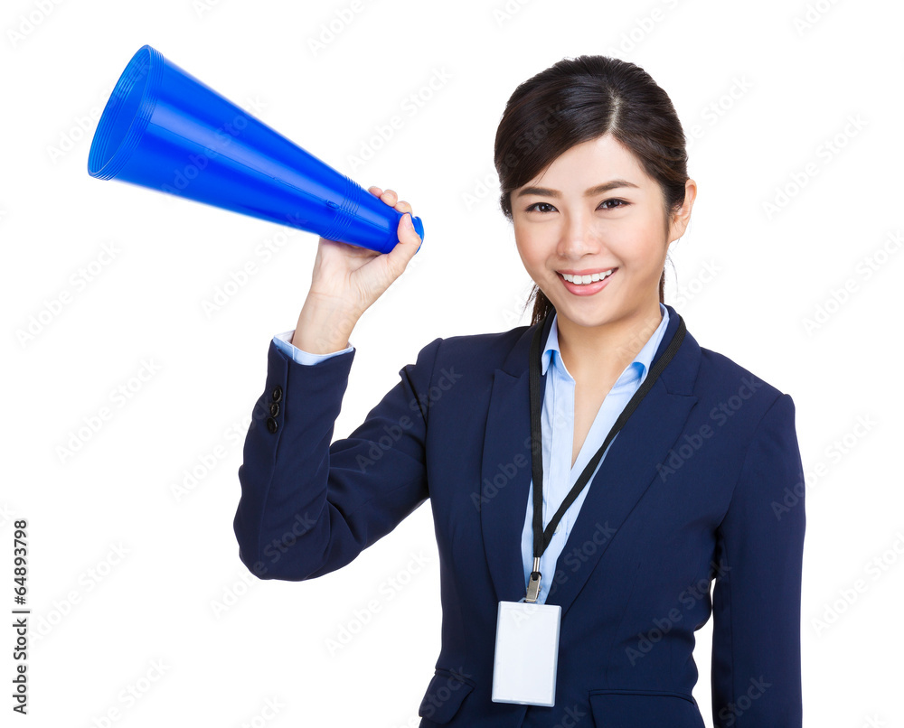Businesswoman holding blue megaphone Businesswoman holding blue megaphone
