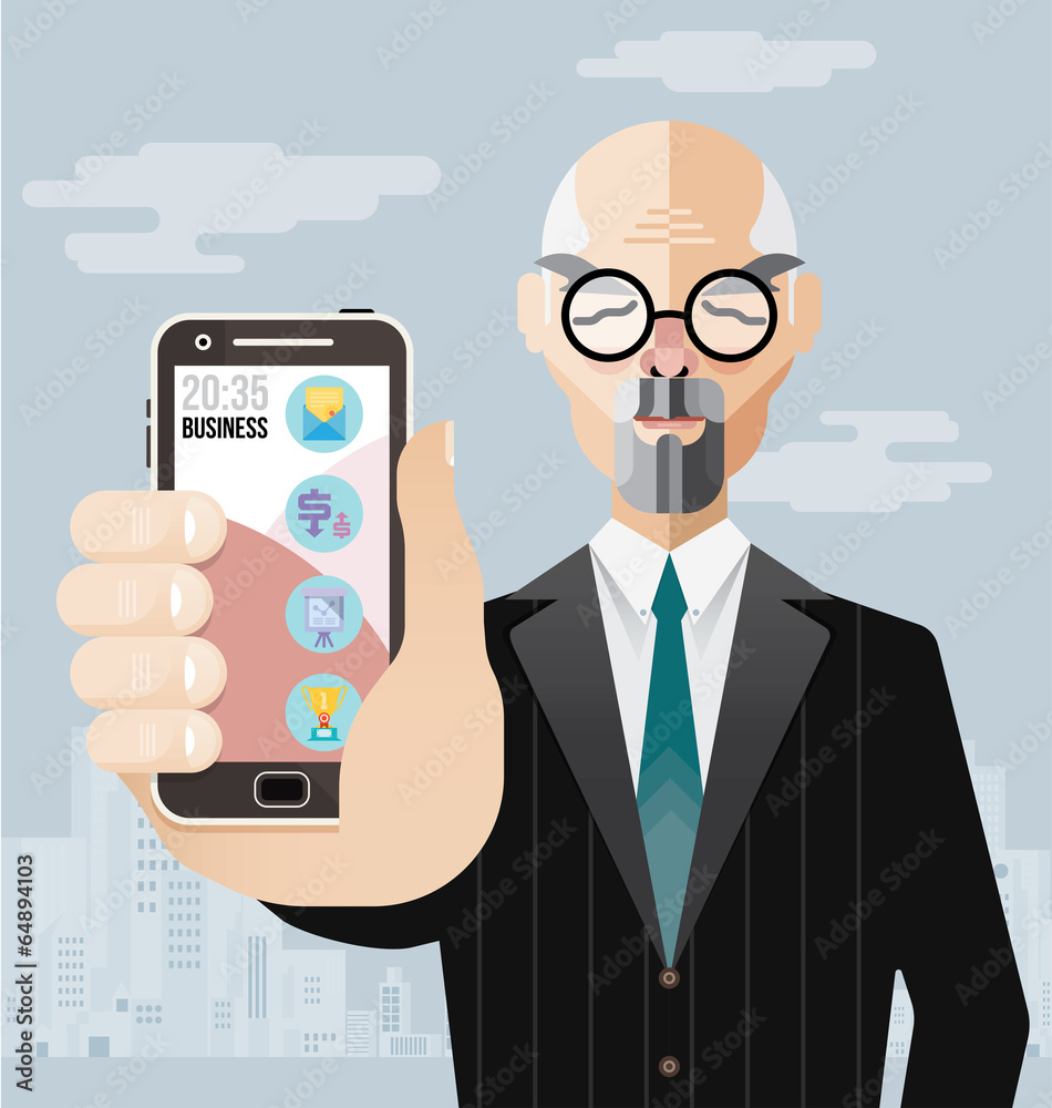 Old Business man with smartphone vector Old Business man with smartphone vector