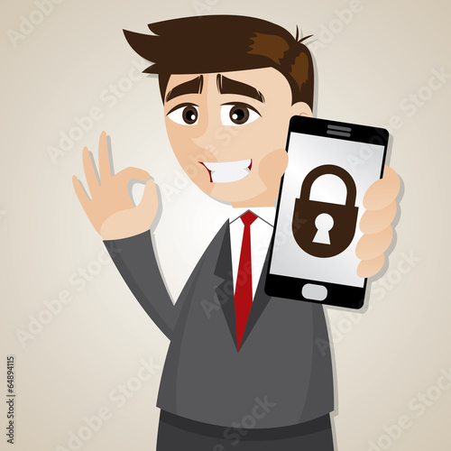 cartoon businessman with locking smartphone
