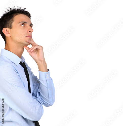 Closeup Portrait of a thinking businessman look for copy space