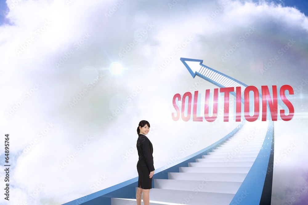 Obraz premium Solutions against red staircase arrow pointing up against sky