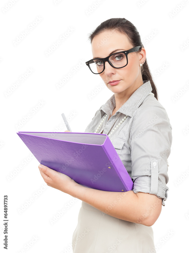 business woman with a purple folder business woman with a purple folder