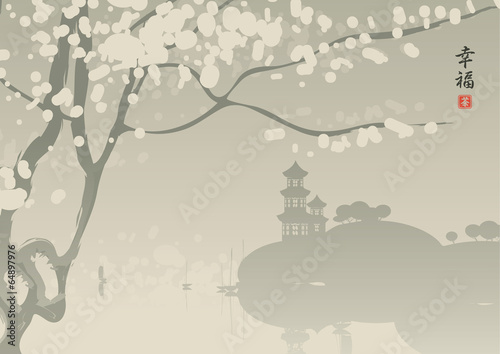 Chinese village on the lake with pagoda and cherry blossoms