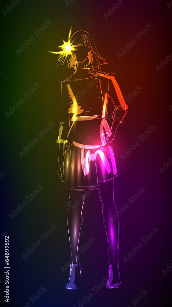 Hand-drawn fashion model from a neon. A light girl's Hand-drawn fashion model from a neon. A light girl's