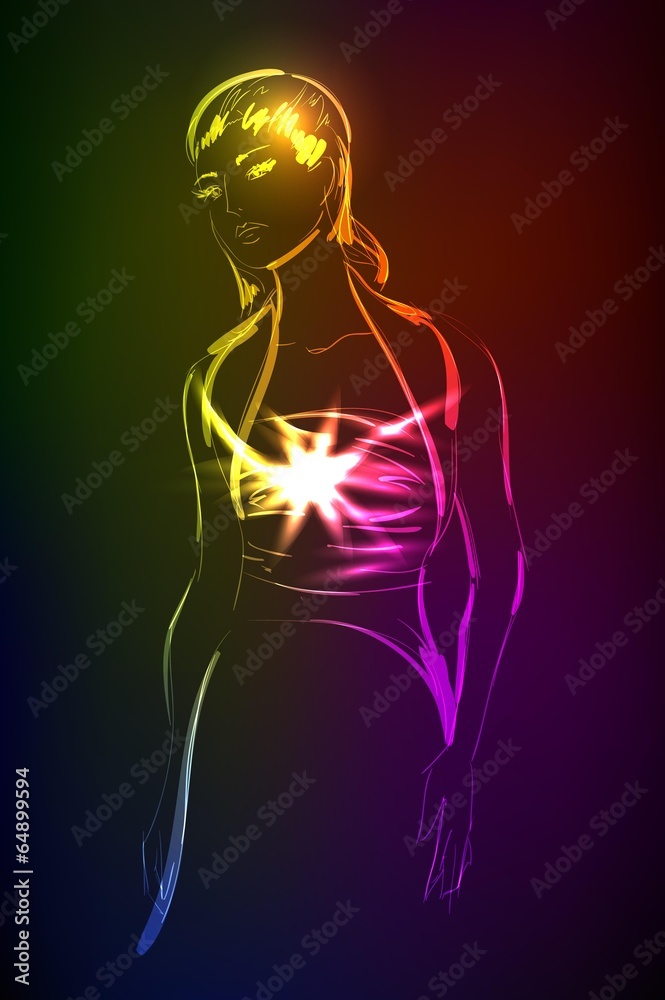 Hand-drawn fashion model from a neon. A light girl's Hand-drawn fashion model from a neon. A light girl's