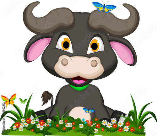 buffalo cartoon with flowers garden