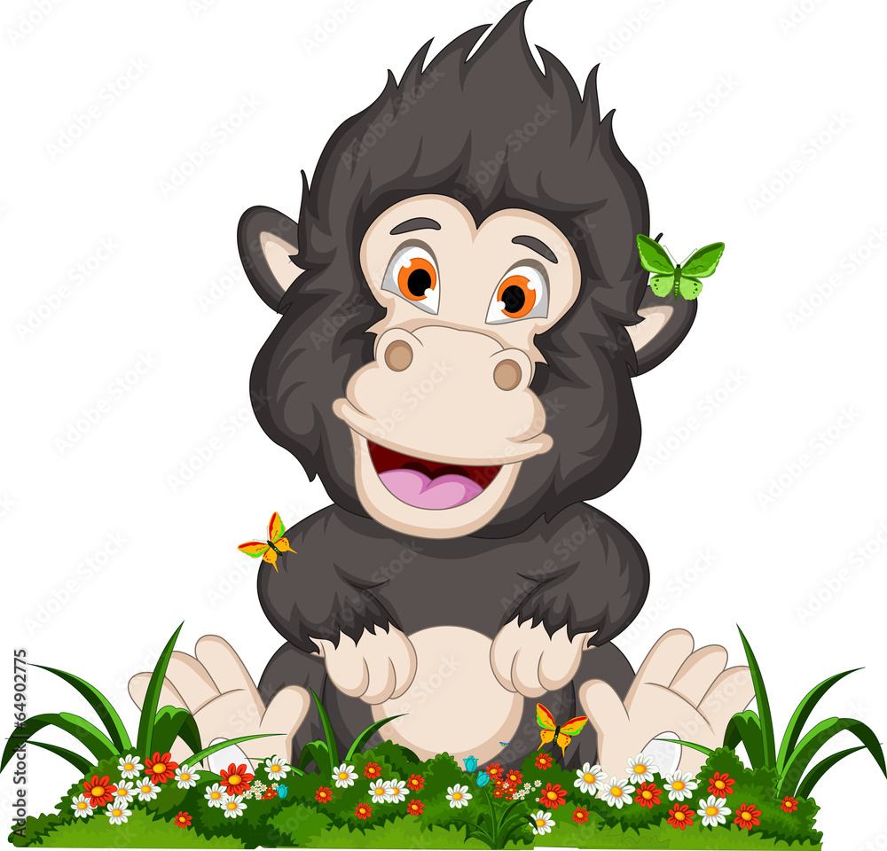 Fototapeta premium gorilla cartoon sitting on flowers garden