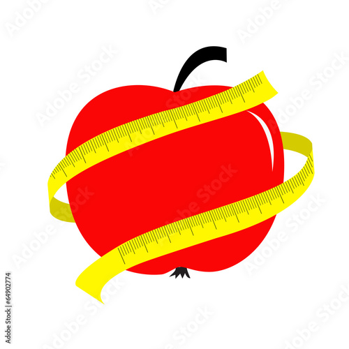 Red apple with yellow measuring tape ruler. Diet concept card.