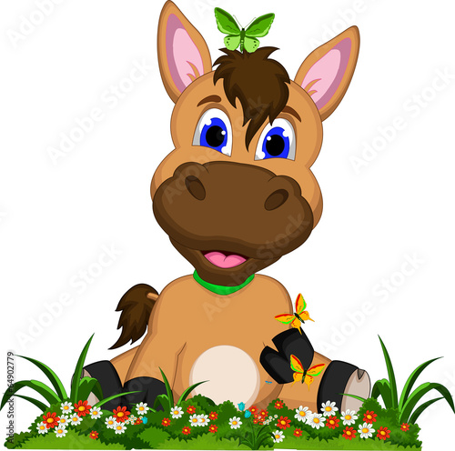 Cute cartoon horse on flower garden