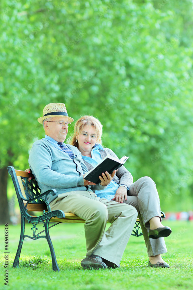 Mature couple reading a book in park Mature couple reading a book in park
