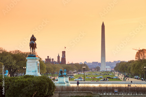 Washington DC city view at a orange sunset, including Washington