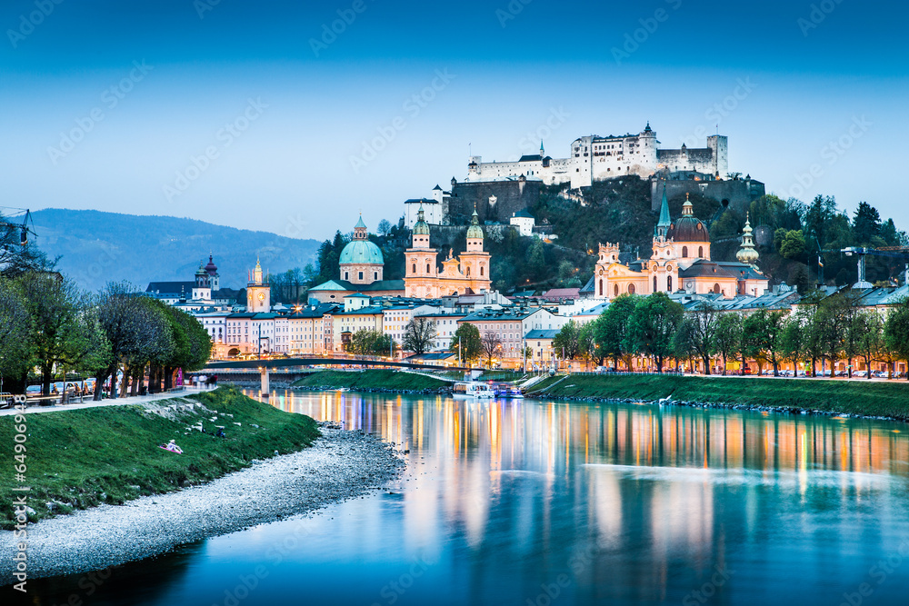 Salzburg skyline with river Salzach at dusk, Austria