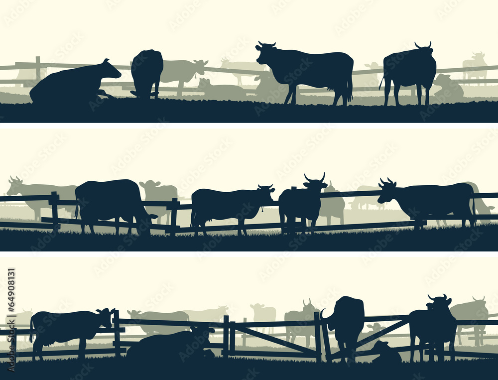 Horizontal vector banner farm fields with fence and farm animals Stock ...