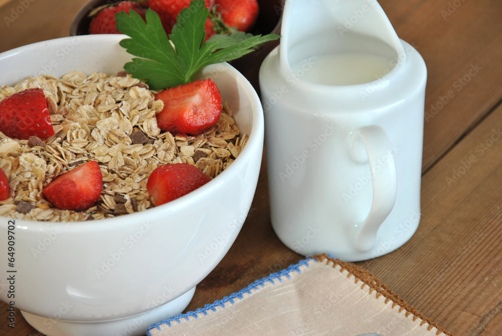 bowl of cereal with milk and strawberries bowl of cereal with milk and strawberries