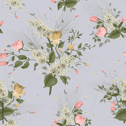 Seamless floral pattern with roses and lilac on light background