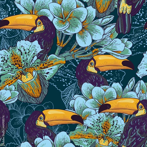 Tapety Tropikalna bezszwowa parrern z kwiatami i Tukanem