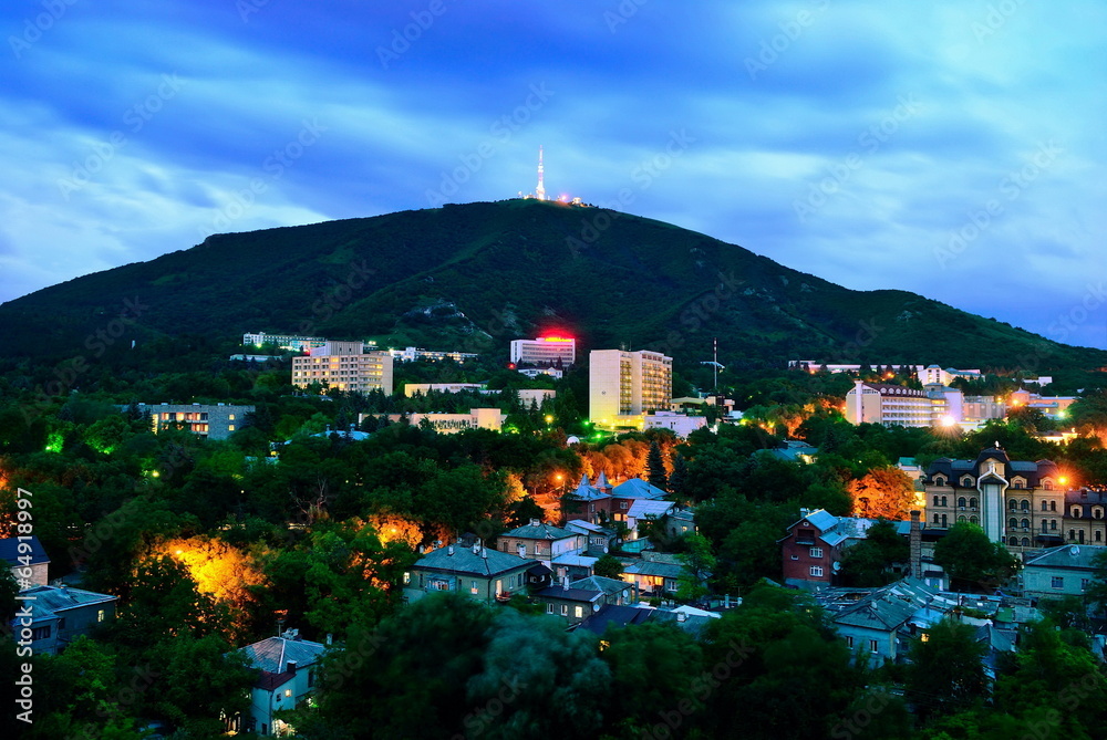 Russia. Pyatigorsk. View of the evening city and mount Mashtuk