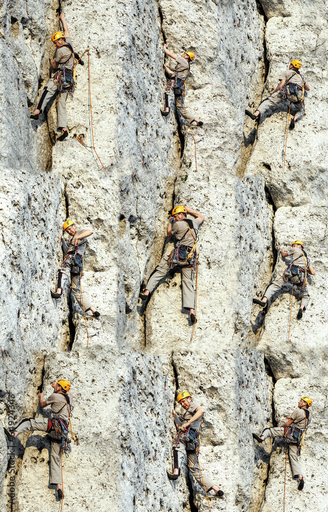Sequence collage of rock climber in different positions climbing limestone vertical wall.