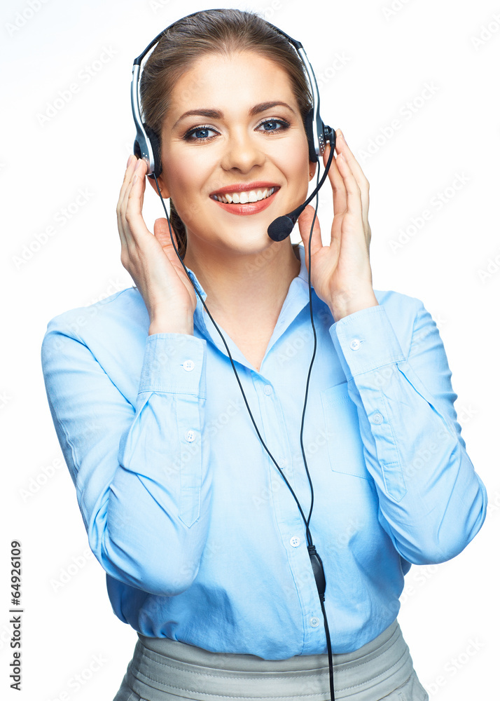 Toothy smiling office worker operator. Toothy smiling office worker operator.