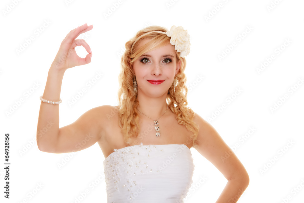 Wedding. Bride showing okay ok success hand sign. Wedding. Bride showing okay ok success hand sign.
