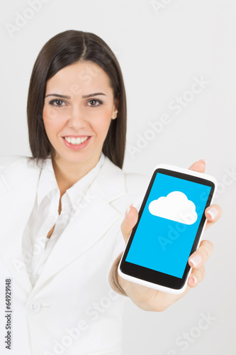 Businesswoman using cloud on smart phone