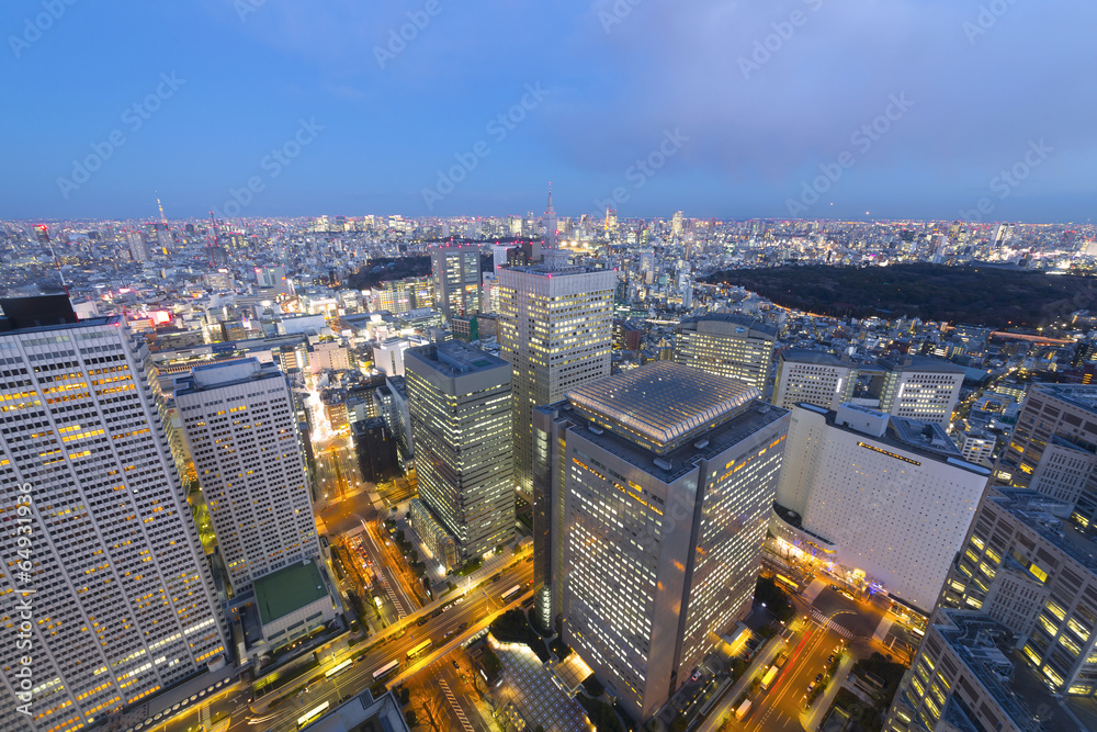 Fototapeta premium 摩天楼の新宿高層ビル街と東京タワーをはじめ、東京スカイツリーまで東京都心全体を見渡す。［東京絶景］