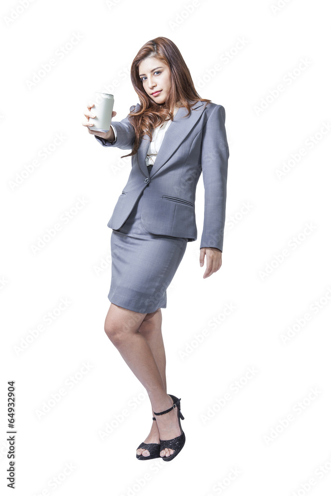 Young business woman attractive presenting a can of soft drink Young business woman attractive presenting a can of soft drink