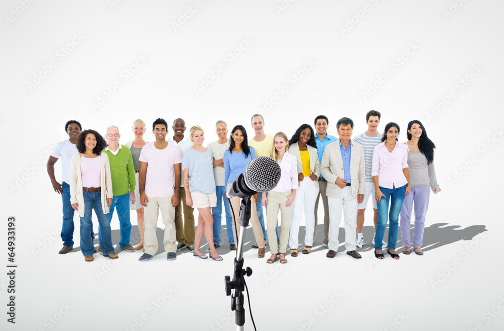 Group of Diverse People with Microphone in Front Group of Diverse People with Microphone in Front