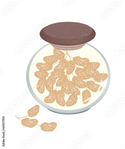 Glass Jar of Peanut Pods on White Background