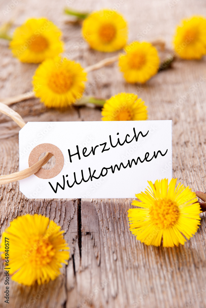 Fototapeta premium Yellow Flowers with Herzlich Willkommen
