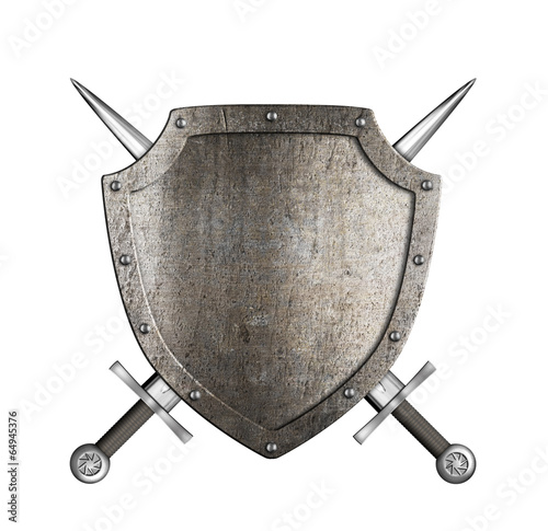 knight metal shield with crossed swords isolated on white